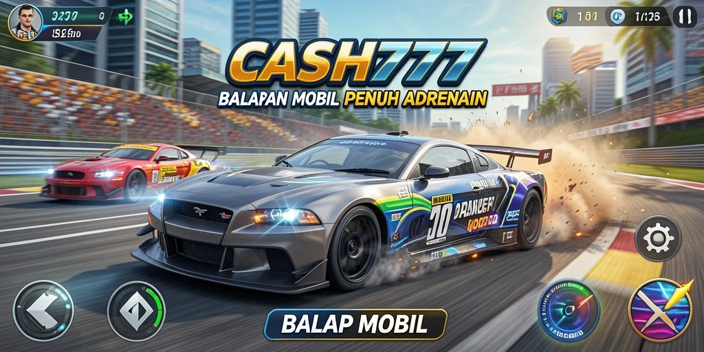 Screenshot utama CASH777 menampilkan mobil balap dalam aksi.
