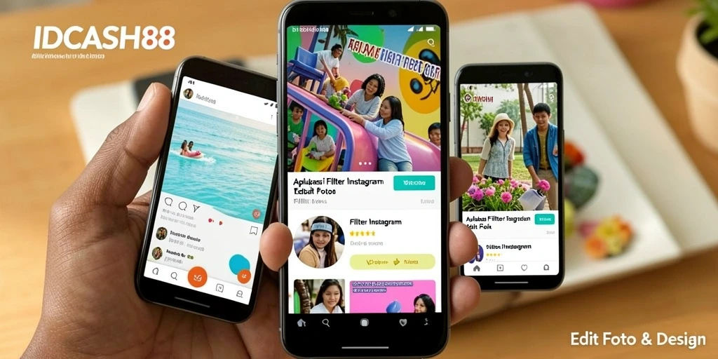 Antarmuka aplikasi IDCASH88 menampilkan berbagai filter Instagram yang menarik.